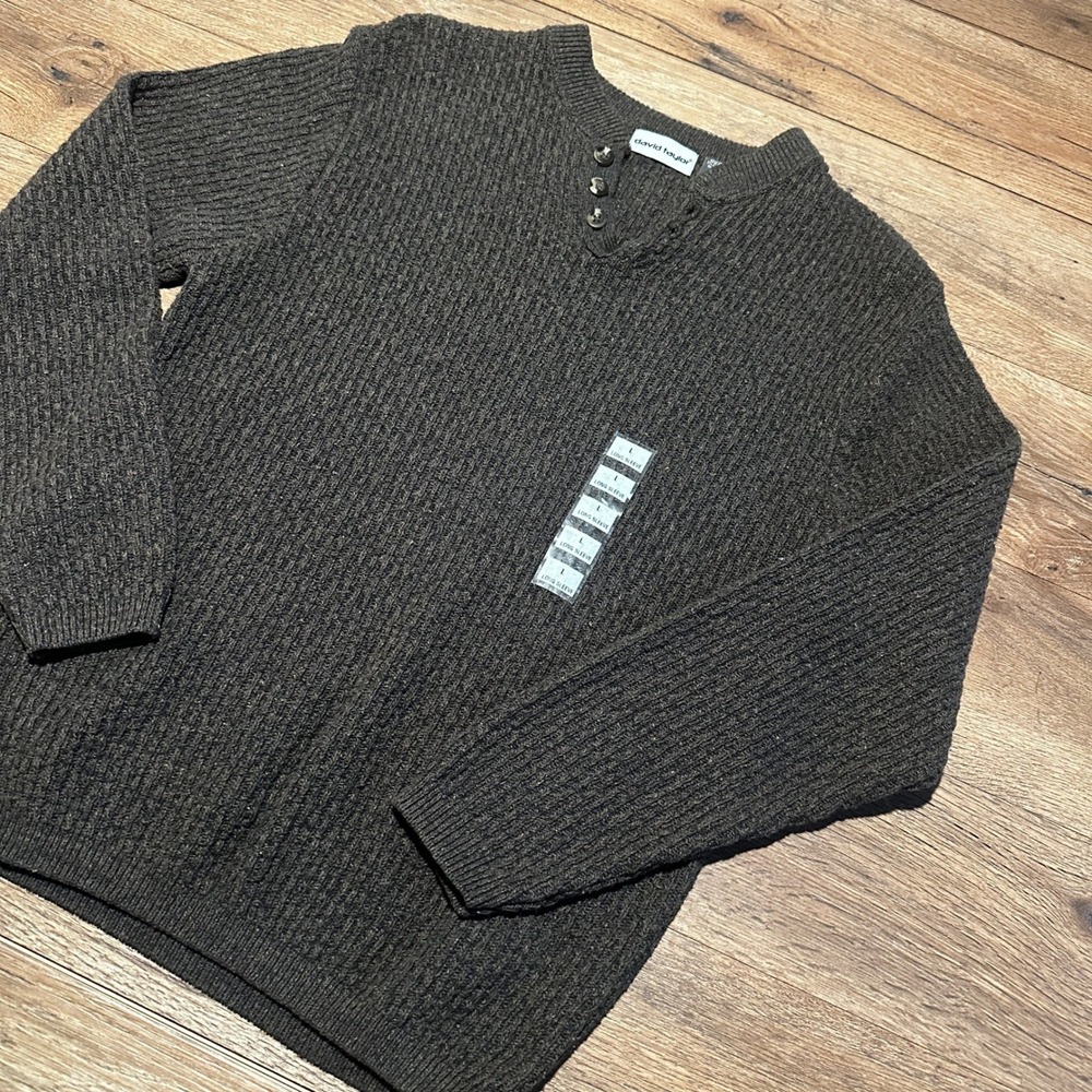 David Taylor Brown Ribbed Henley Sweater Mens Large